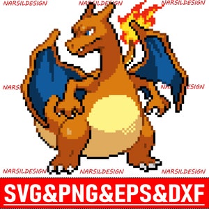 Könnte beinhalten: Pixel-Art-Illustration eines feurigen orange-gelben Pokémon-Charakters mit blauen Flügeln. Der Charakter steht mit offenem Mund und geschlossenen Augen. Der Charakter ist zur linken Seite des Bildes gewandt.