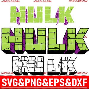 May include: Green and purple graphic design of the word "HULK" in a brick-like style. The text "SVG&PNG&EPS&DXF" is at the bottom of the image.