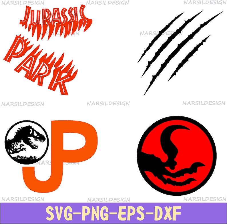 May include: Red and orange Jurassic Park logo with the text "Jurassic Park" and a red silhouette of a dinosaur claw.