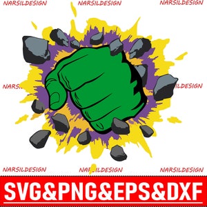 May include: A green fist breaking through a yellow, purple, and black background. The fist is breaking through a wall of rocks.