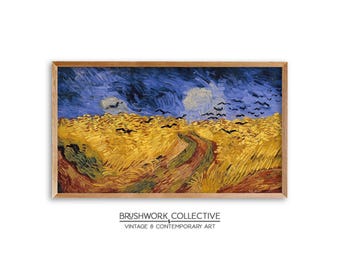 Arte para TV con marco Samsung / Pintura de campo de trigo dorado / Arte de pared con paisaje de campo de trigo vintage con cuervos / Descarga digital / 209LSVTM