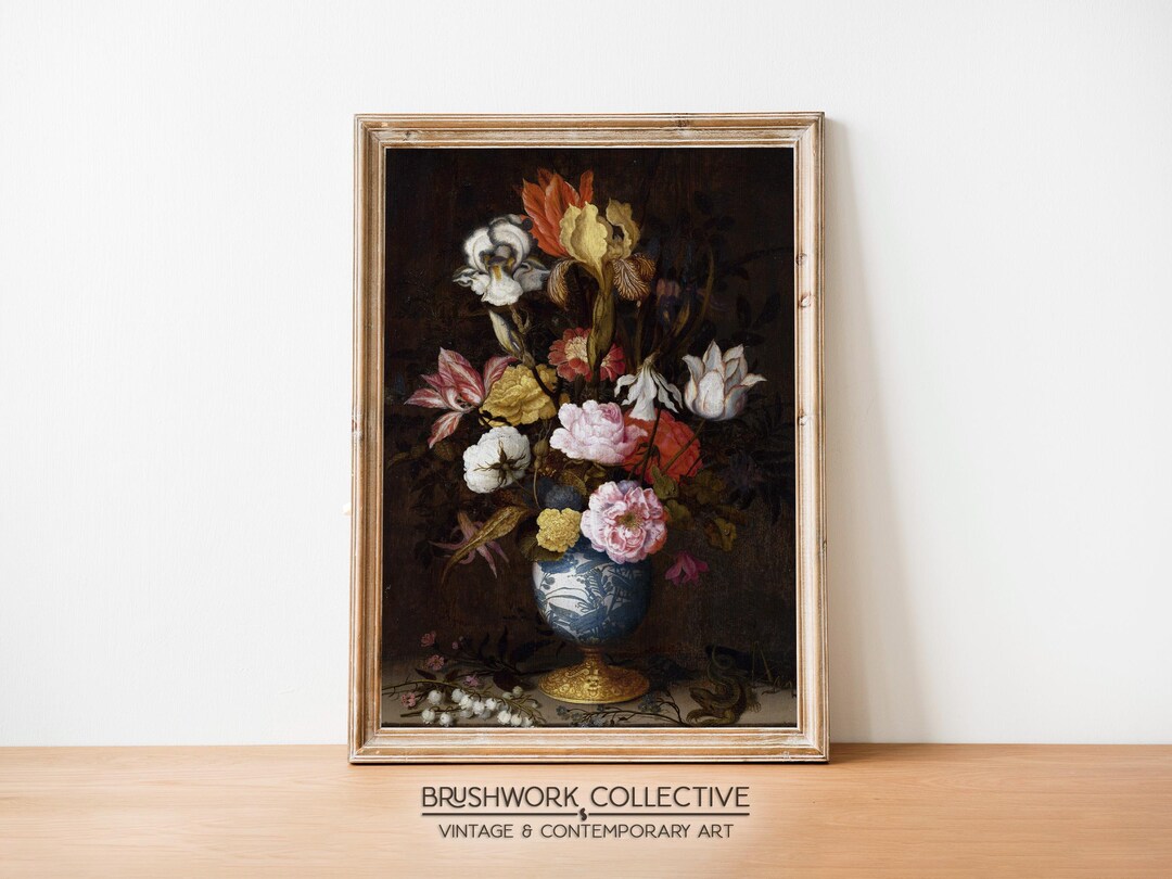 Dark Floral Still Life Oil Painting | Moody Vintage Flowers in Vase ...