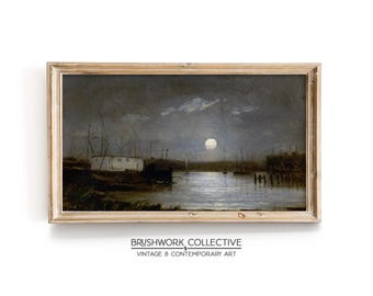 Stampa di un paesaggio di un porto illuminato dalla luna / Stampa d'epoca di un paesaggio di un porto / Stampabile e scaricabile digitalmente / 298LSPVT