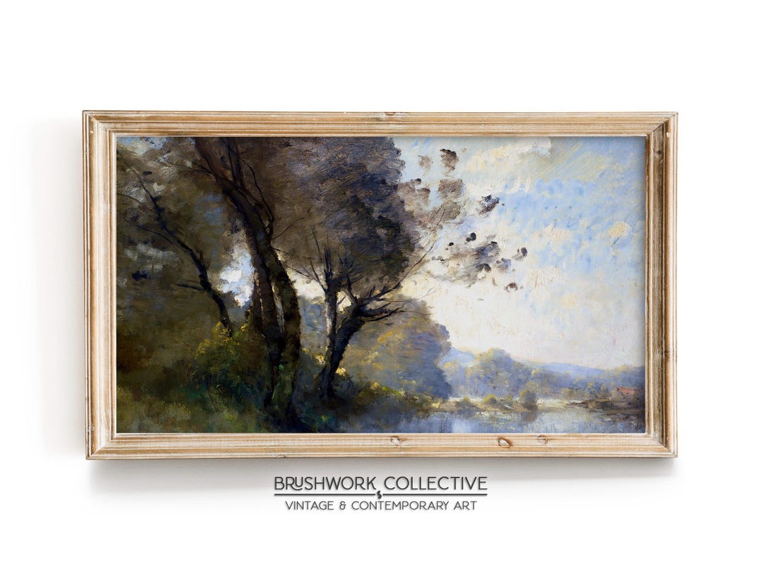 Rustic River Landscape Painting Print | Vintage Trees Riverside Wall ...
