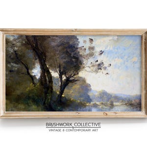 Rustic River Landscape Painting Print | Vintage Trees Riverside Wall Art | Printable Digital Downloadable | 23LSPVT