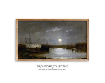 Arte para TV con marco Samsung / Pintura de paisaje de puerto iluminado por la luna / Arte mural vintage de luna sobre un puerto / Descarga digital / 298LSVTM