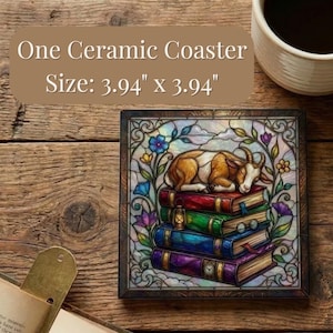 May include: A ceramic coaster with a stained-glass design featuring a goat sleeping on a stack of books. The coaster is square, measuring 3.94 inches by 3.94 inches. The image includes a cup of coffee, a book, and glasses.