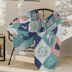 Winter Patchwork Icons Velveteen Blanket  Christmas Ornaments Candy Cane Tree Boho Xmas Throw