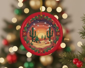 Desert Sunrise Ceramic Ornament, Holiday Desert Gift, Christmas Tree Ornament, Southwestern Style, Cactus Ornament, Rustic Xmas Decor