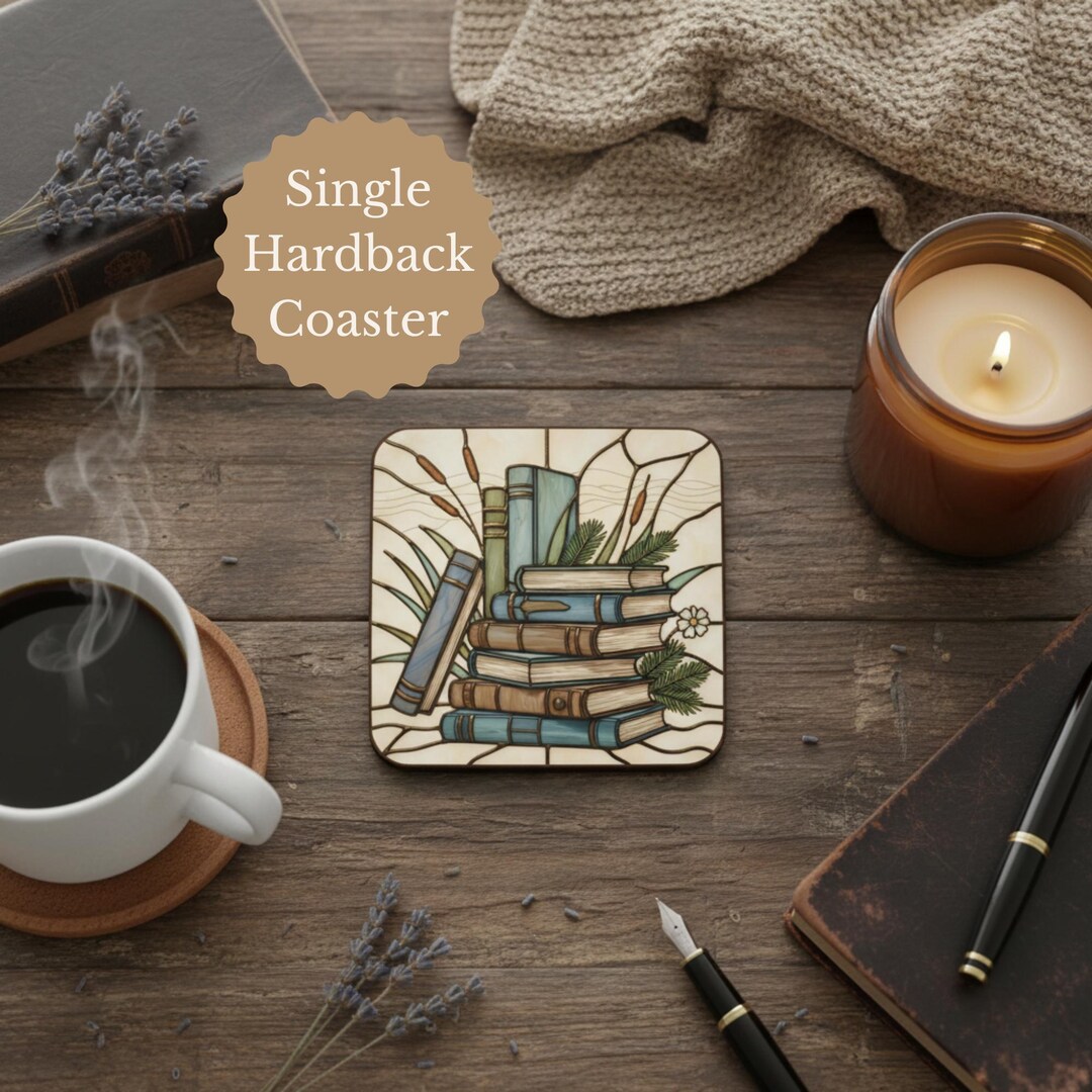 Faux Stained Glass Book Lover Coaster Vintage Books & Botanical Decor ...