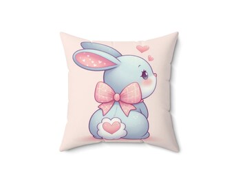 Cute Bunny Decorative Pillow Spring Home Decor Easter Gift Kids Room Accent Plush Throw Pillow with Bow