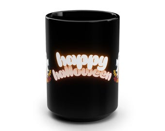 Halloween Black Mug: Ghost & Pumpkin - Spooky Season Coffee Cup