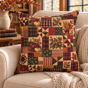 May include: A square throw cushion featuring a patchwork design with various autumn-themed patterns including pumpkins, wheat stalks, acorns, and fall leaves in shades of red, orange, green, yellow, and brown, finished with a quilted texture.