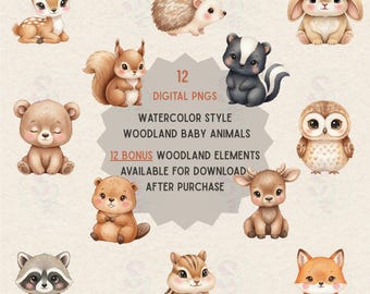 Woodland Animal Watercolor Clipart Bundle Forest Animals PNG Cozy Rustic Nursery Art Baby Woodland Creatures Instant Download