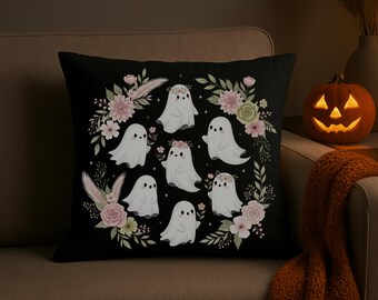Whimsical Ghost Floral Pillow: Boho Halloween Home Decor