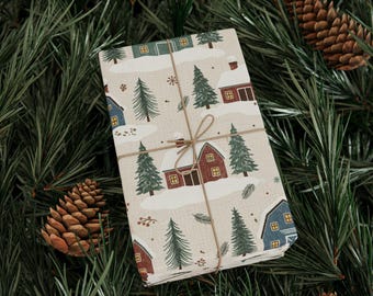 Cozy Winter Cottage Pattern Wrapping Paper  Holiday Village Gift Wrap Snowy Barn Farmhouse Wrapping Paper