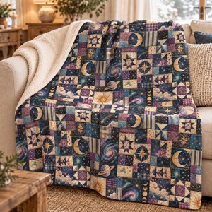 Celestial Patchwork Sherpa Blanket, Moon and Stars Quilt Blanket, Vintage Sun Throw, Cozy Celestial Home Decor