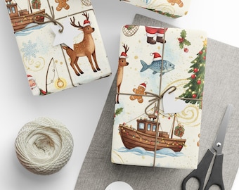 Fishing Christmas Wrapping Paper | Holiday Roll, Fishing Santa Gift Wrap, Boat Wrapping, Fish Wrap Paper