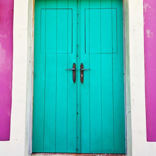 Bright Teal Door in San Juan, Puerto Rico with Fuchsia Walls Digital Photo