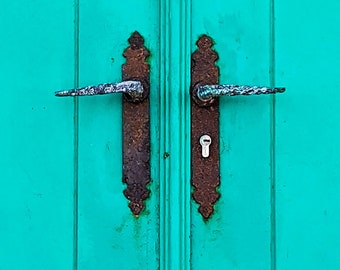 Close-Up Bright Teal Door in San Juan, Puerto Rico Digital Photo