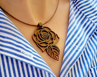 Wood Necklace Pendant | Rose Spiral Floral Necklace Pendant | 3D Printed Necklace | Handmade Necklace | Gift for her | Gift for mom |