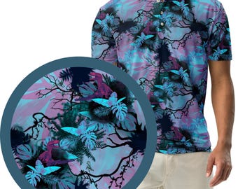 Koszulka polo Retro Dino Jungle – Neon Raptor Slim Fit dla mężczyzn