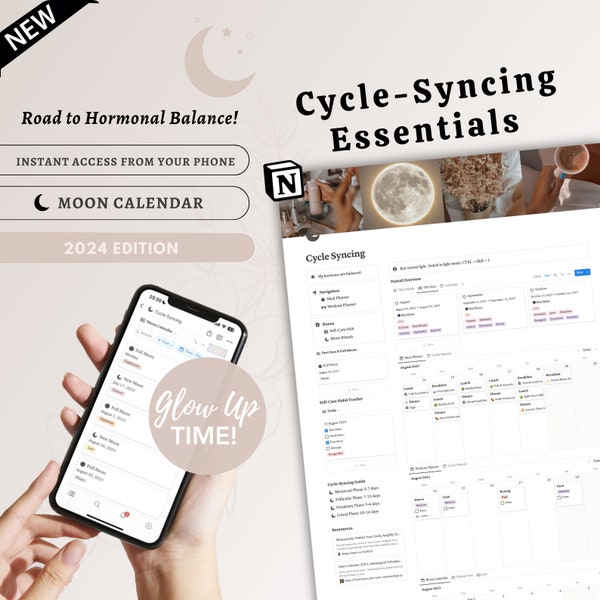 2024 Notion Template, Cycle Syncing Essentials, Aesthetic Dashboard, Moon Calendar, Women Guide, Digital Product, Instant Download,