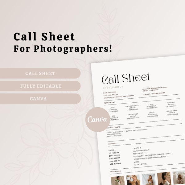 Call Sheet Template for Photographers, Fully Editable, Canva Template, Digital Product, Instant Download