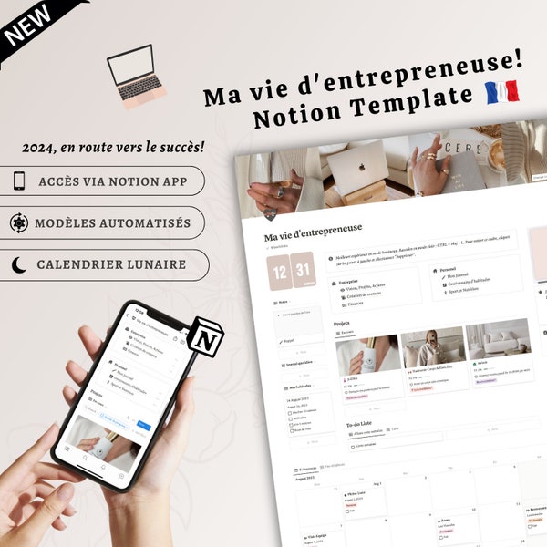 Notion Template Français, Ma vie d'entrepreneuse, Tableau de bord avec Planificateur Personnel + Business, Notion Complet, Design Esthétique