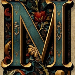 Peut inclure: Une lettre décorative M avec des bordures dorées et des motifs floraux complexes dans des tons de rouge, vert et or. La lettre est placée sur un fond beige texturé.