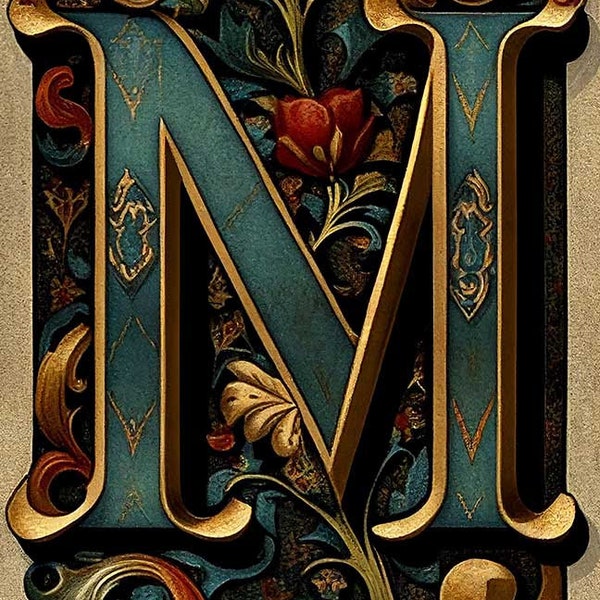 Illuminated Manuscript | Letter M Initial with Classic Flourish | floral | GREAT Birthday Gift / Decor | Digital Download PRINTABLE Wall Art