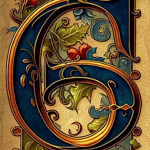 Manuscrito iluminado / Letra G inicial con florecimiento clásico / GRAN regalo de cumpleaños / Decoración / Descarga digital IMPRIMIBLE Arte de pared