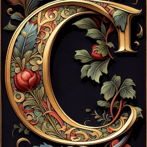 Illuminated Manuscript | Letter C Initial with Classic Flourish | GREAT Birthday Gift / Decor | Digital Download PRINTABLE Wall Art