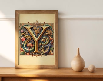 Manuscrito iluminado / Letra Y inicial con florecimiento clásico / GRAN regalo de cumpleaños / Decoración / Descarga digital IMPRIMIBLE Arte de pared