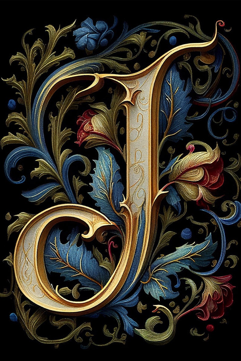 Illuminated Manuscript Letter J Initial With Classic Flourish GREAT