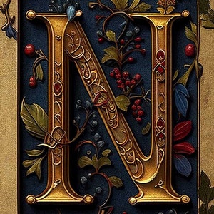 Manuscrito iluminado / Letra N Inicial con florecimiento clásico / floral / GRAN regalo de cumpleaños / Decoración / Descarga digital IMPRIMIBLE Arte de pared