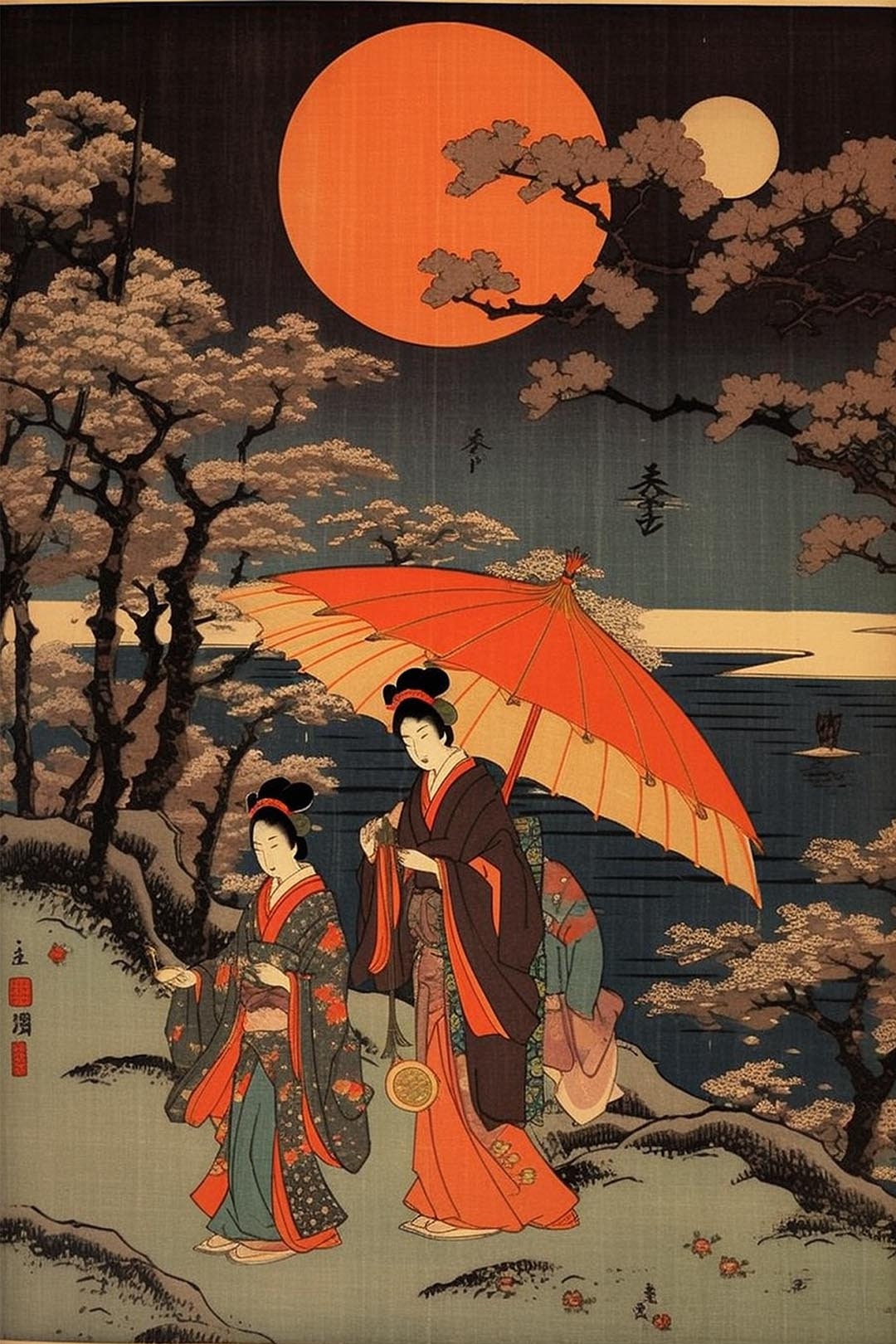Japanese Woodblock Print | Geishas Walking in Landscape | Style of ...