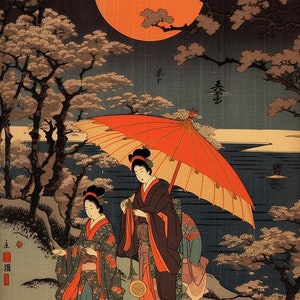 Japanese Woodblock Print | Geishas Walking in Landscape | Style of Koryusai / Ukiyo-e | Digital Download PRINTABLE Wall Art digital print