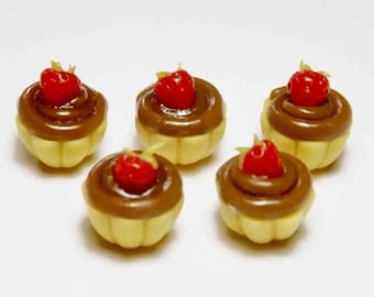 5 pc Miniature Strawberry Topped Chocolate Cupcake Lot 1;6-1;12 Scale