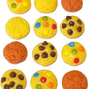 Può includere: Dodici mini biscotti, alcuni con gocce di cioccolato e altri con codette colorate. I biscotti sono gialli, marroni e bianchi.