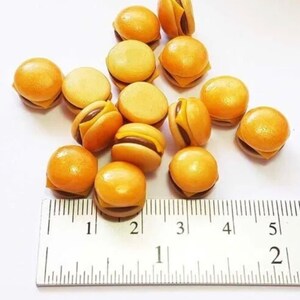 May include: A collection of 12 miniature yellow and brown cheeseburger-shaped charms, measuring approximately 1 inch in diameter, scattered on a white surface next to a ruler.