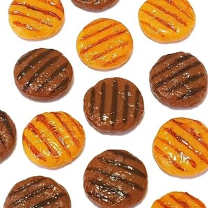May include: A collection of 10 miniature, plastic, grilled hamburger patties. Five are brown and five are orange.