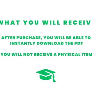 Puede incluir: Texto verde sobre fondo blanco que dice "WHAT YOU WILL RECEIVE" seguido de "AFTER PURCHASE, YOU WILL BE ABLE TO INSTANTLY DOWNLOAD THE PDF" y "YOU WILL NOT RECEIVE A PHYSICAL ITEM". Un icono de gorro de graduaci&oacute;n verde se encuentra debajo del texto.