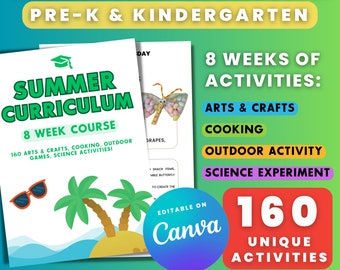 CURRÍCULO DEL CAMPAMENTO DE VERANO / Canva Editable / Actividades para preescolar y jardín de infantes / Plan de estudios de verano completo 8 semanas