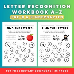 Libro de trabajo de reconocimiento de letras A-Z / Libro de actividades de aprendizaje del alfabeto para niños en edad preescolar / Práctica divertida de rastreo y escritura / Encuentre las letras