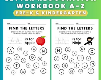 Libro de trabajo de reconocimiento de letras A-Z / Libro de actividades de aprendizaje del alfabeto para niños en edad preescolar / Práctica divertida de rastreo y escritura / Encuentre las letras