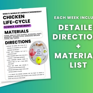 Puede incluir: Una hoja de trabajo imprimible para un experimento cient&iacute;fico sobre el ciclo de vida de un pollo. La hoja de trabajo incluye instrucciones y una lista de materiales. La imagen muestra una ilustraci&oacute;n colorida de un huevo de pollo, un pollito y un pollo adulto.
