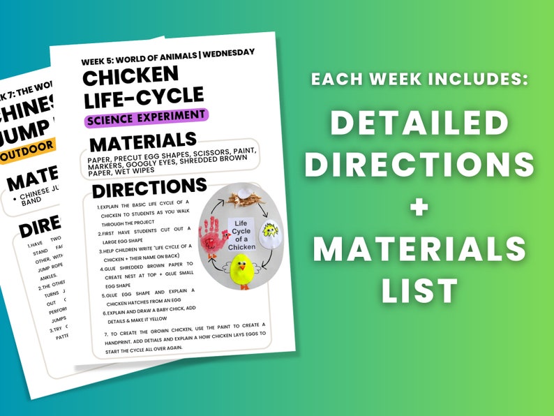 Puede incluir: Una hoja de trabajo imprimible para un experimento cient&iacute;fico sobre el ciclo de vida de un pollo. La hoja de trabajo incluye instrucciones y una lista de materiales. La imagen muestra una ilustraci&oacute;n colorida de un huevo de pollo, un pollito y un pollo adulto.