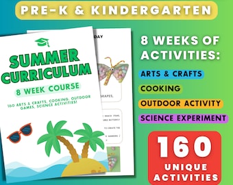 May include: A colorful printable PDF for a summer camp curriculum for pre-K and kindergarten. The cover features a cartoon island with palm trees and sunglasses. The text says "Summer Camp Curriculum Pre-K & Kindergarten 8 Weeks of Activities: Arts & Crafts, Cooking, Outdoor Activity, Science Experiment 160 Unique Activities PDF File | Instant Download | 169 Pages"