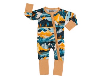 Bamboo Convertible Romper- Rocky Mountains | Mountain Zippered Romper | Bamboo Baby Pajamas | Zippered Baby Romper